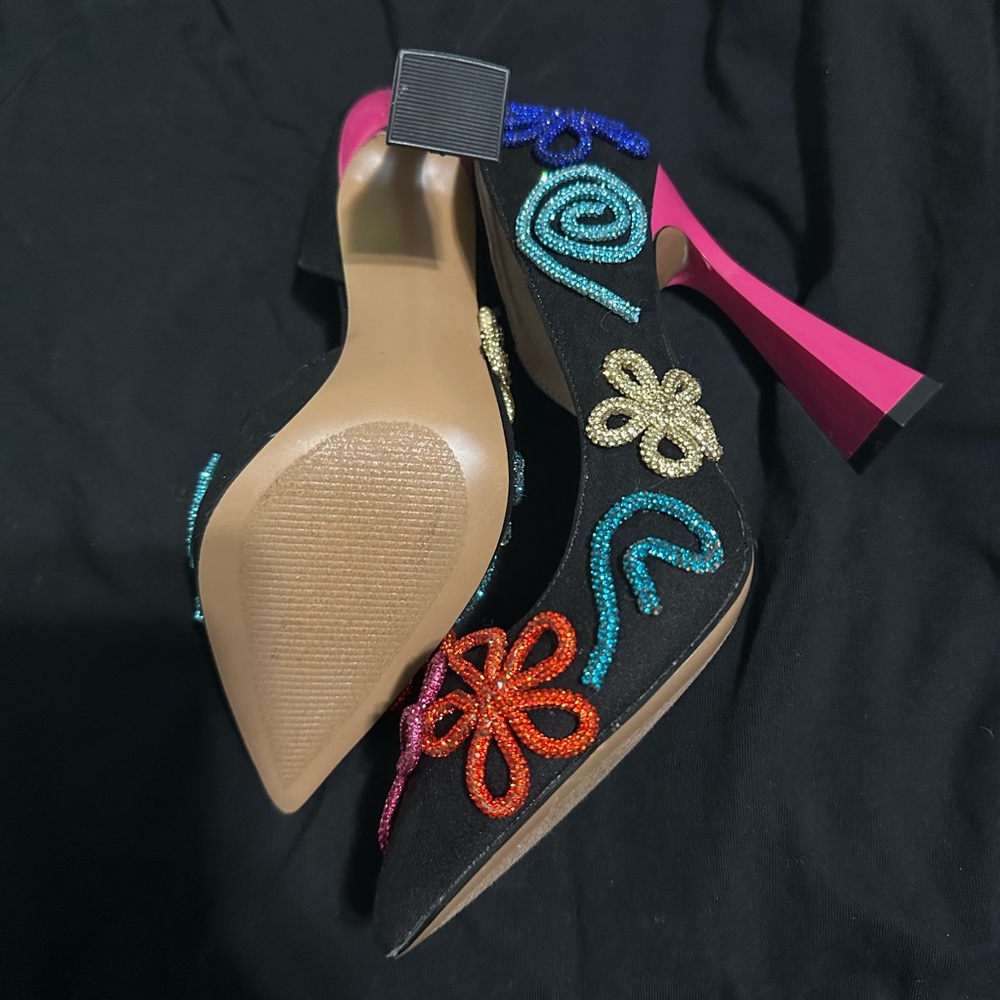Betsey Johnson Black Heels with Colorful Floral Accents - Picture 3 of 4